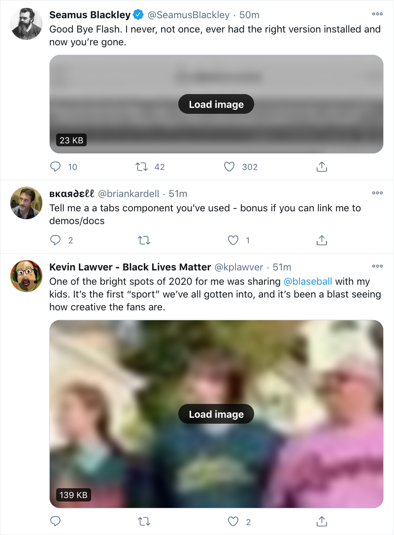 A screenshot of the author’s Twitter timeline, showing three tweets. The middle tweet is text only. The top tweet has a blurred-out image which is grayscale and of reduced contrast, indicating it has no useful alternative text. The bottom tweet is also blurred, but it full color and contrast, indicating it has been given useful alternative text by the person who posted it.